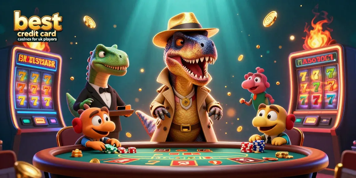 Engaging scene of the best credit card casinos for UK players featuring dynamic characters at a casino table.