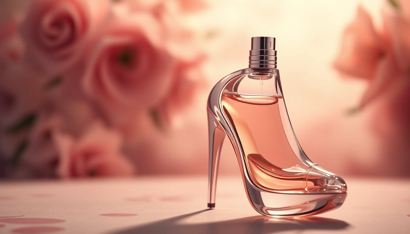 Showcase Carolina herrera good girl perfume bottle in a high heel design against a floral background. related image