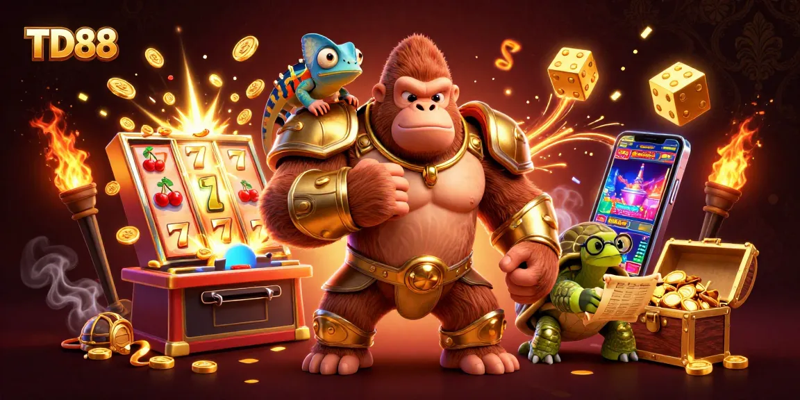 Engage with TD88's vibrant casino experience featuring a powerful gorilla and colorful game elements.