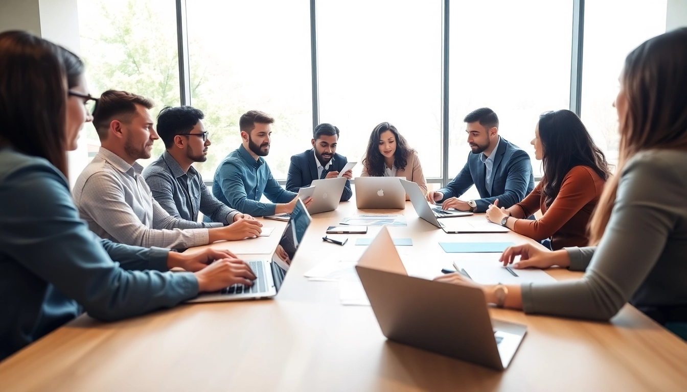 Companies collaborating in a bright office setting during a business meeting.