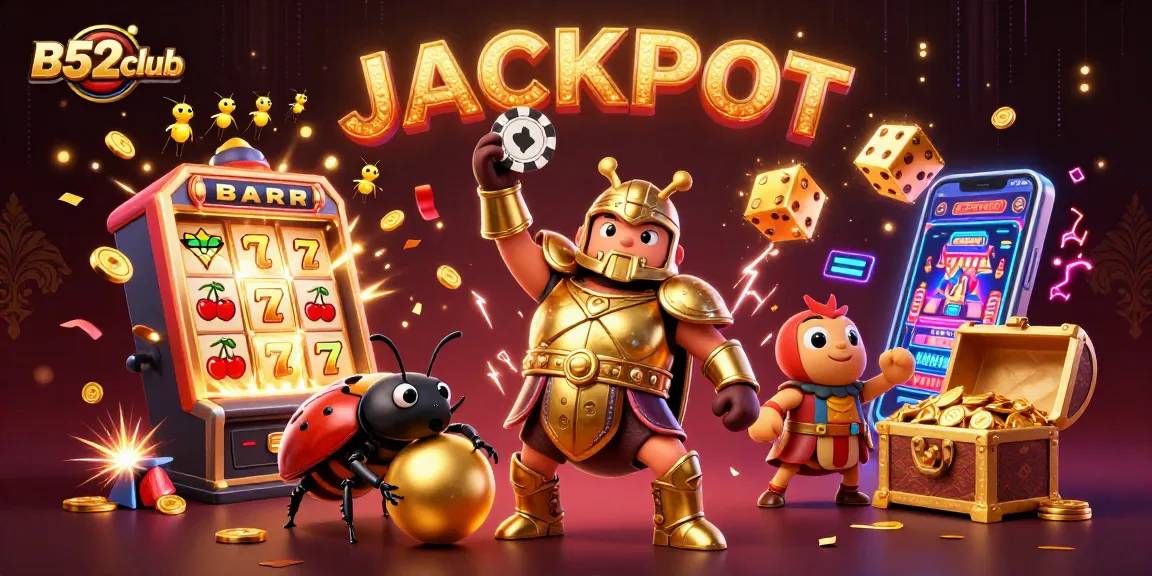 B52club's vibrant online casino scene featuring cartoon beetles celebrating a jackpot amidst colorful gambling icons.