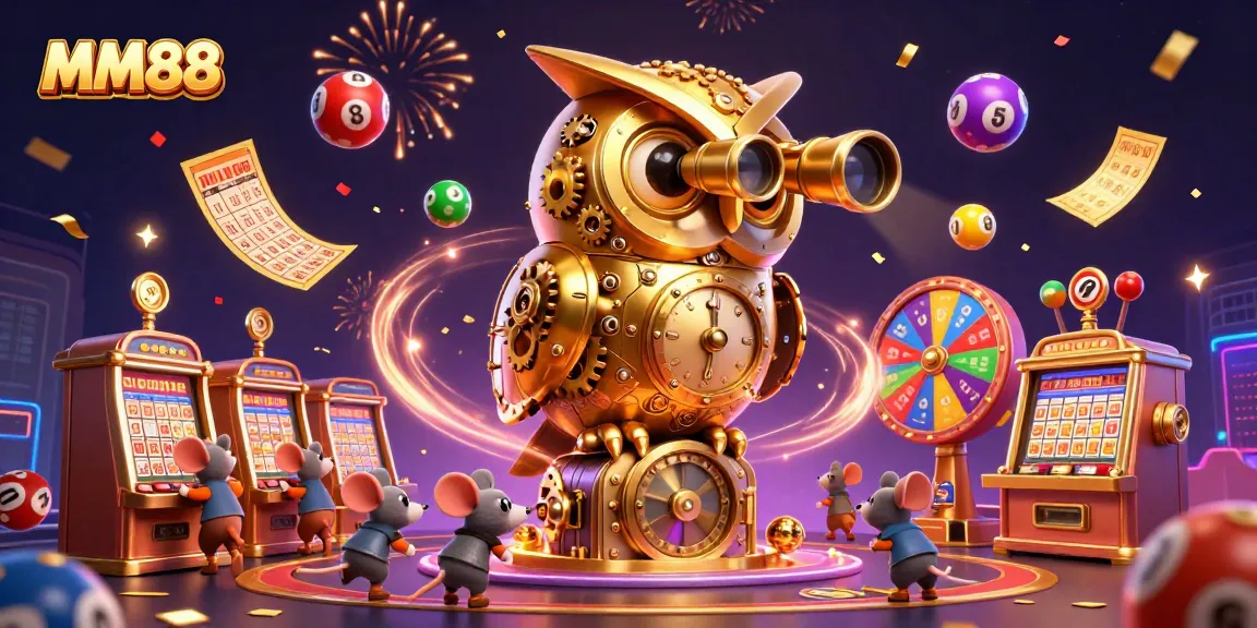 Engage in thrilling gameplay with MM88 as the golden owl oversees the vibrant casino scene.