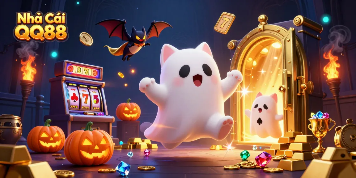 Experience the thrill of Nhà Cái QQ88 with a 3D haunted casino scene showcasing a ghost cat, vampire bat, and gaming treasures.