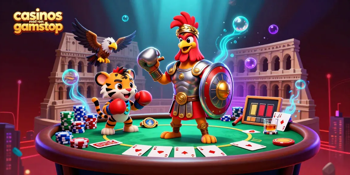 Engage with casinos not on gamstop in this vibrant 3D illustration featuring a gladiator rooster and game elements.