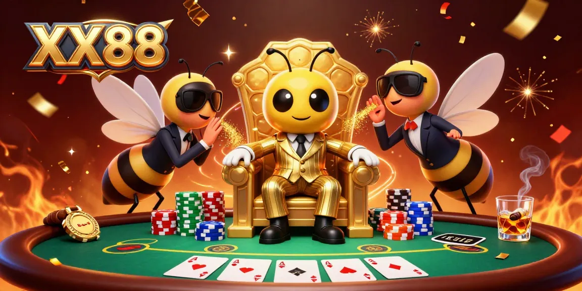 Engaging XX88 casino scene showcasing a bumblebee mob boss at a poker table surrounded by vibrant game elements.