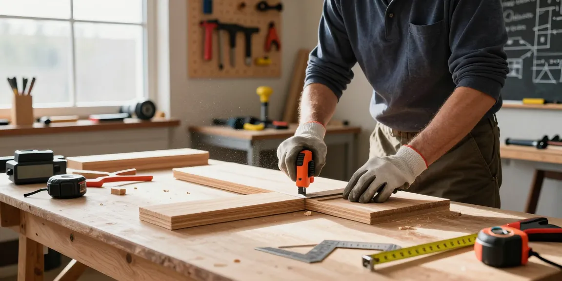 Craftsman using a mitre saw hand for precise cuts in a well-lit workshop