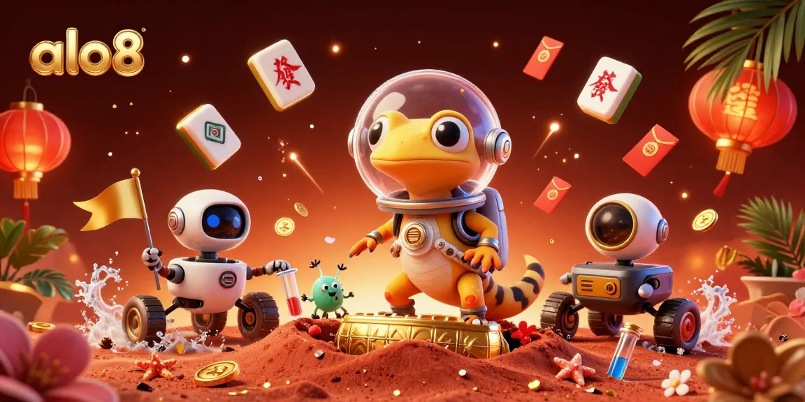 Join the excitement at alo8, where a Martian gecko discovers a golden casino amidst vibrant gaming elements.