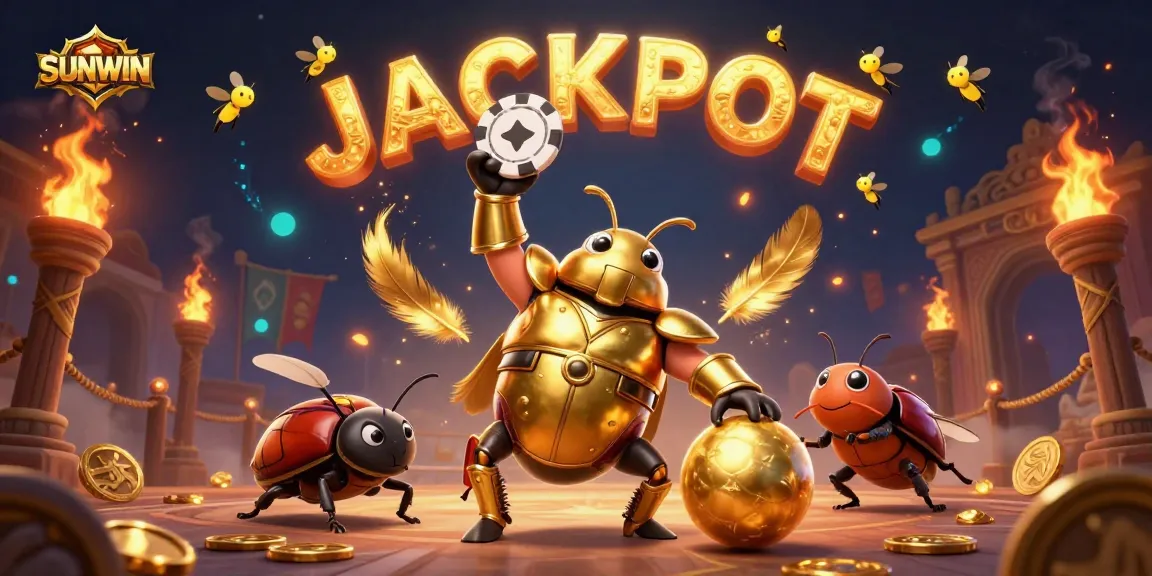 Experience SUNWIN's thrilling jackpot with a victorious gladiator beetle amidst a vibrant casino scene.