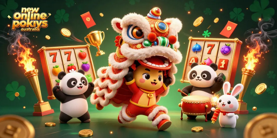 Experience the excitement of new online pokies australia featuring a lively lion dance, symbols, and casino elements.