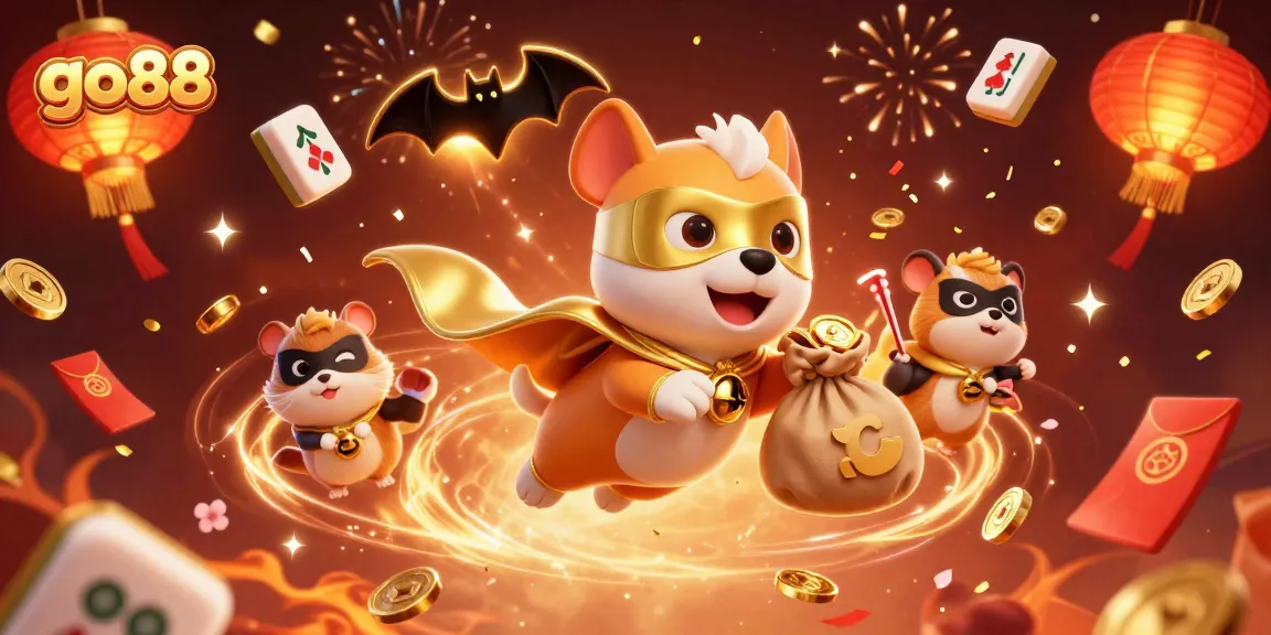 A vibrant action scene showcasing the go88 casino experience with a superhero dog flying, holding gold coins, as festive elements surround them.
