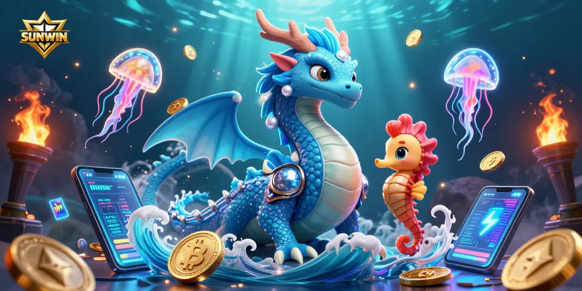 SUNWIN offers a vibrant underwater experience, showcasing a dragon and knight amidst glowing crypto elements.